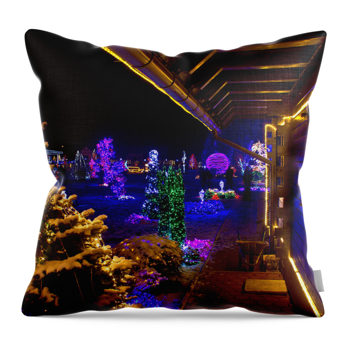 Christmas Throw Pillow featuring the mixed media Christmas fantasy trees and wooden house in lights by Brch Photography