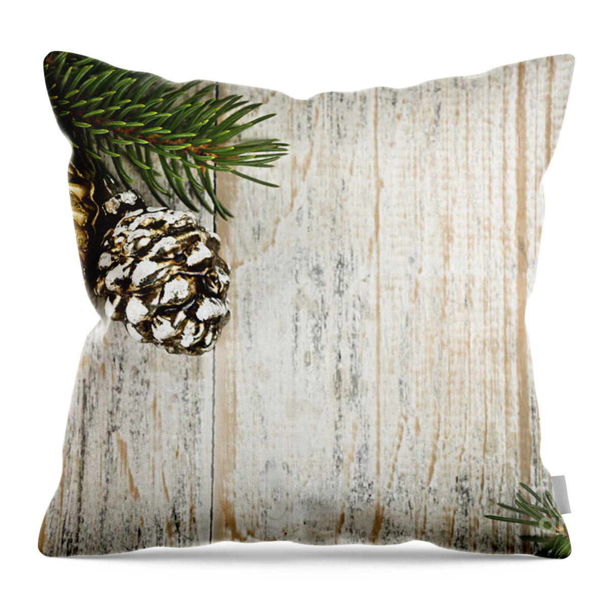 Christmas Throw Pillow featuring the photograph Christmas ornaments with pine branches by Elena Elisseeva