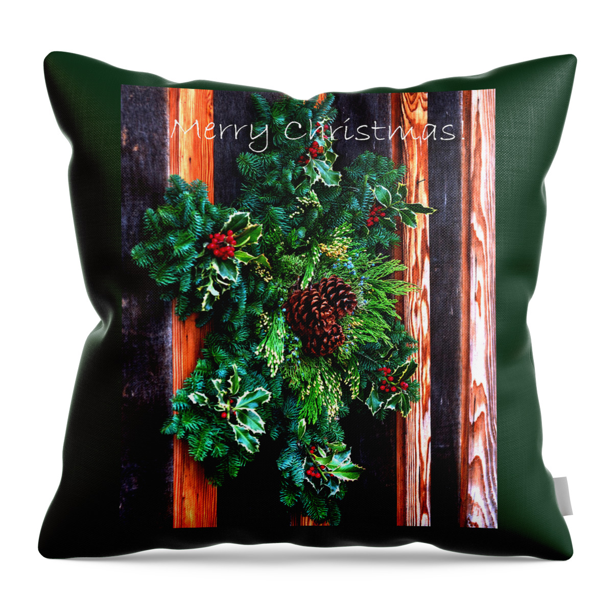 Christmas Throw Pillow featuring the photograph Christmas Wreath Text 20474 by Jerry Sodorff