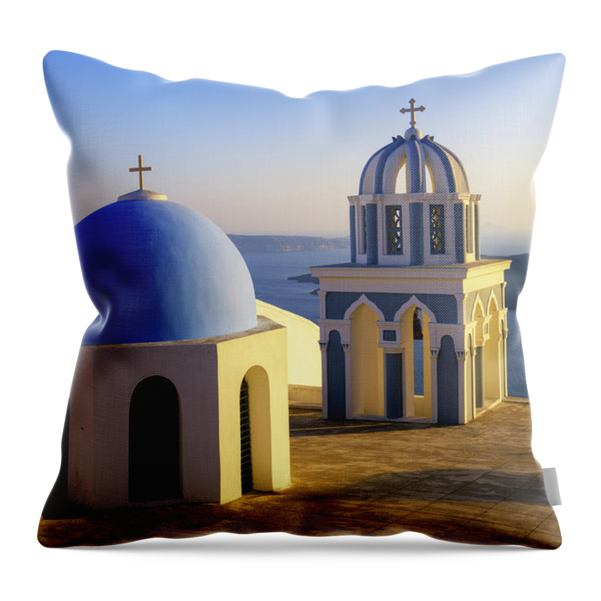 Greece Throw Pillow featuring the photograph Church At Firostefani Shortly Before by Wolfgang steiner
