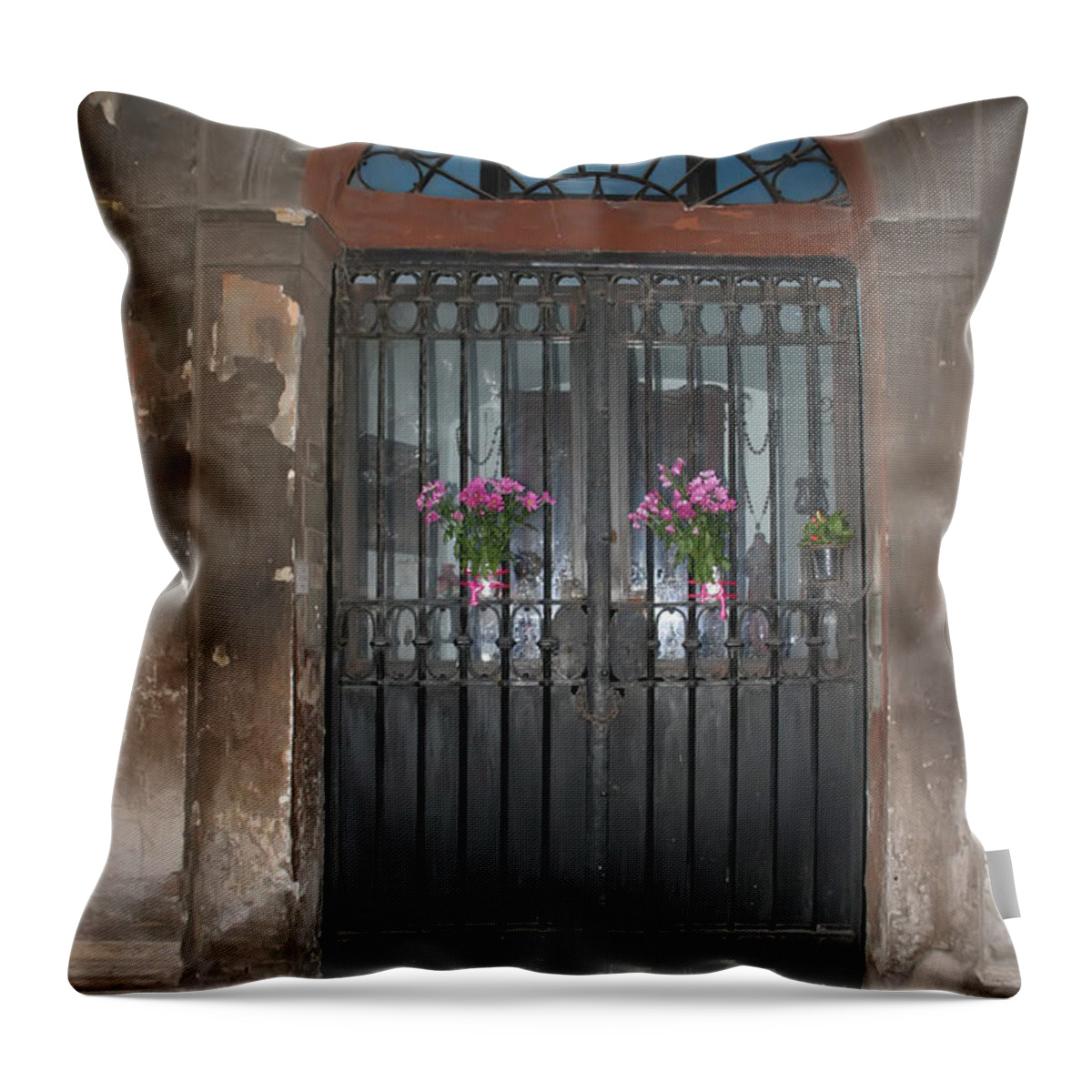 Architecture Throw Pillow featuring the photograph Church Doors and Flowers by Thomas Marchessault