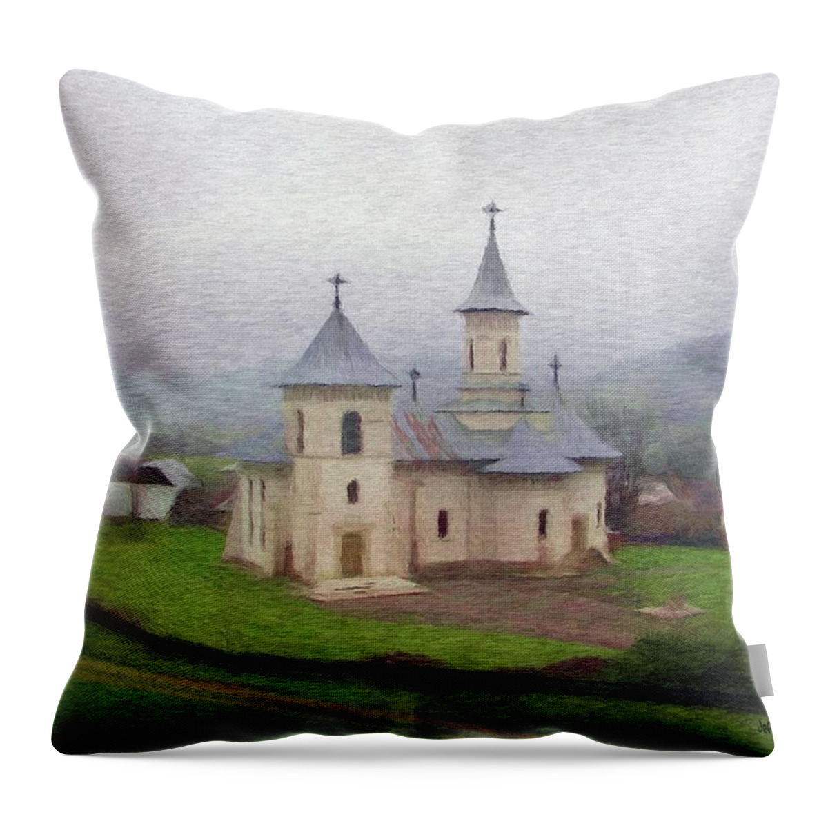 Chapel Throw Pillow featuring the painting Church in the Mist by Jeffrey Kolker