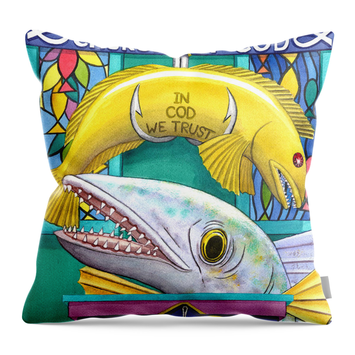Codfish Throw Pillow featuring the painting Church of Cod by Catherine G McElroy
