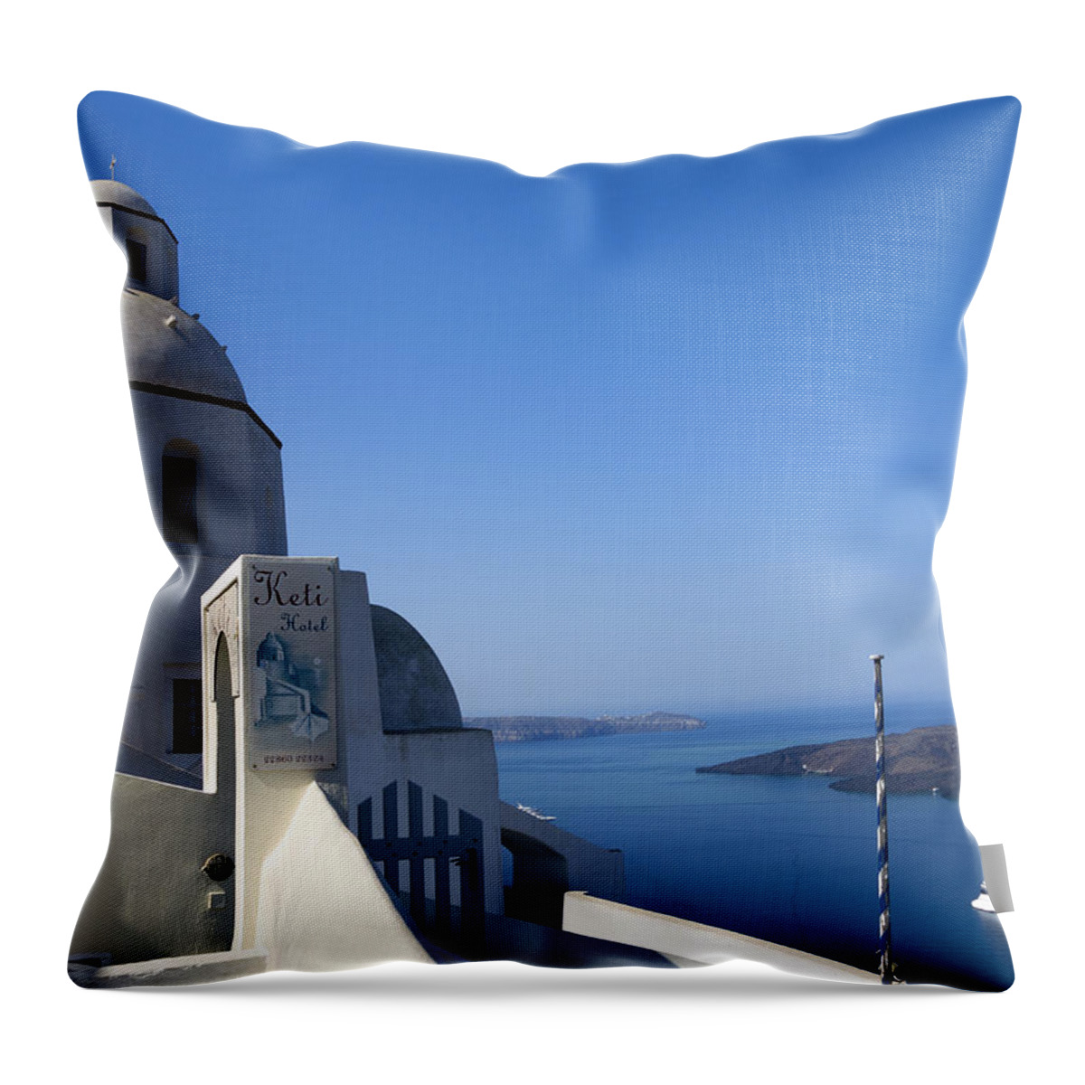 Santorini Throw Pillow featuring the photograph Church watching over the ships by Brenda Kean