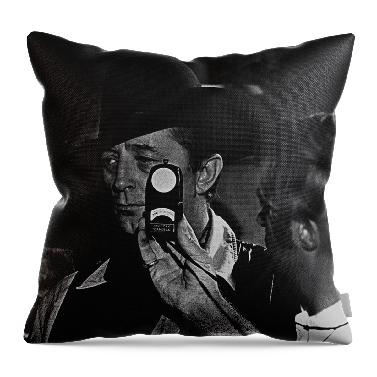 Cinematographer Harry Stradling Jr. Getting Light Reading Robert Mitchum Young Billy Young Set Old Tucson Arizona 1968 Throw Pillow featuring the photograph Cinematographer Harry Stradling Jr. getting light reading Robert Mitchum Young Billy Young set 1968 by David Lee Guss
