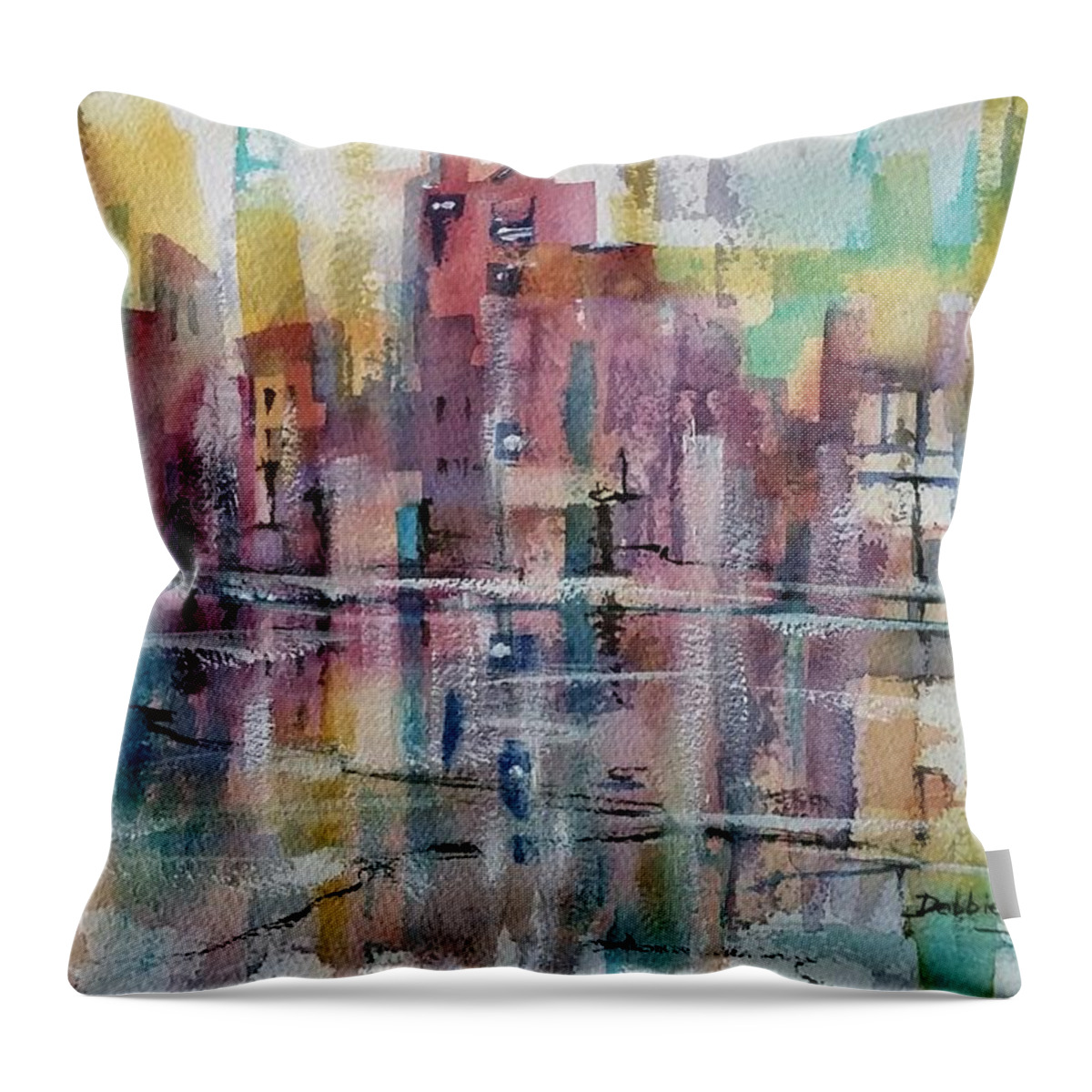 Imaginary City Throw Pillow featuring the painting City Reflections by Debbie Lewis