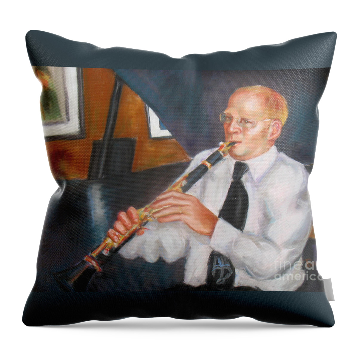 Music Throw Pillow featuring the painting Clarinet at Palm Court by Beverly Boulet