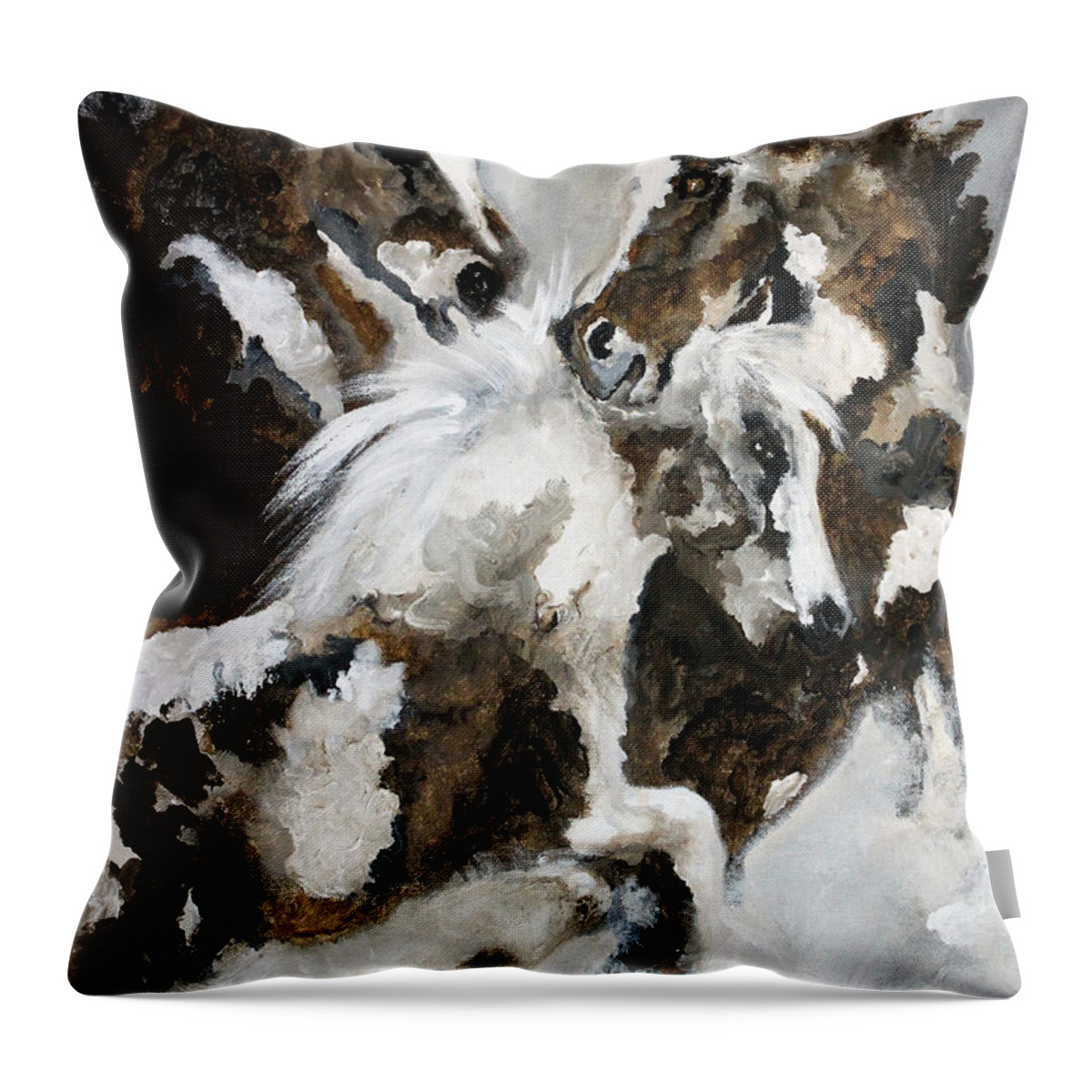 Fighting Stallions Throw Pillow featuring the painting Clash of the Marbled Stallions by Barbie Batson