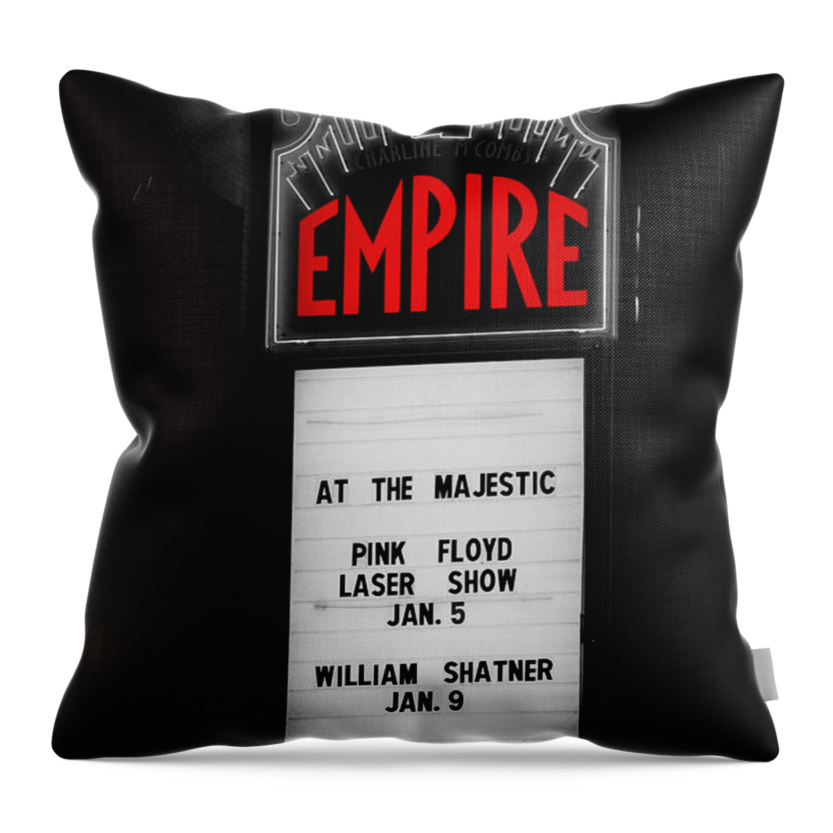 Empire Throw Pillow featuring the photograph Classic Empire Theater Illuminated Marquee Sign with Pink Floyd and William Shatner Color Splash by Shawn O'Brien