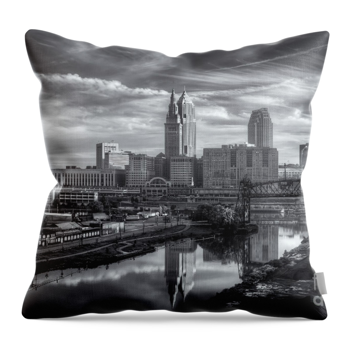 Clarence Holmes Throw Pillow featuring the photograph Cleveland Skyline and the Flats IV by Clarence Holmes