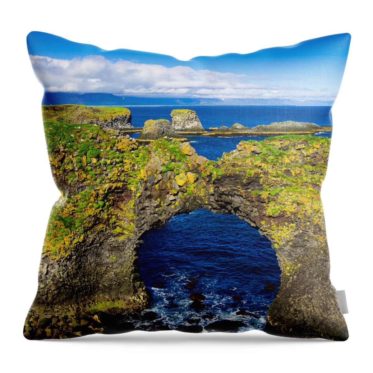 Iceland Throw Pillow featuring the photograph Cliffs and blue water of the ocean Arnarstapi Snaefellsnes Iceland by Matthias Hauser