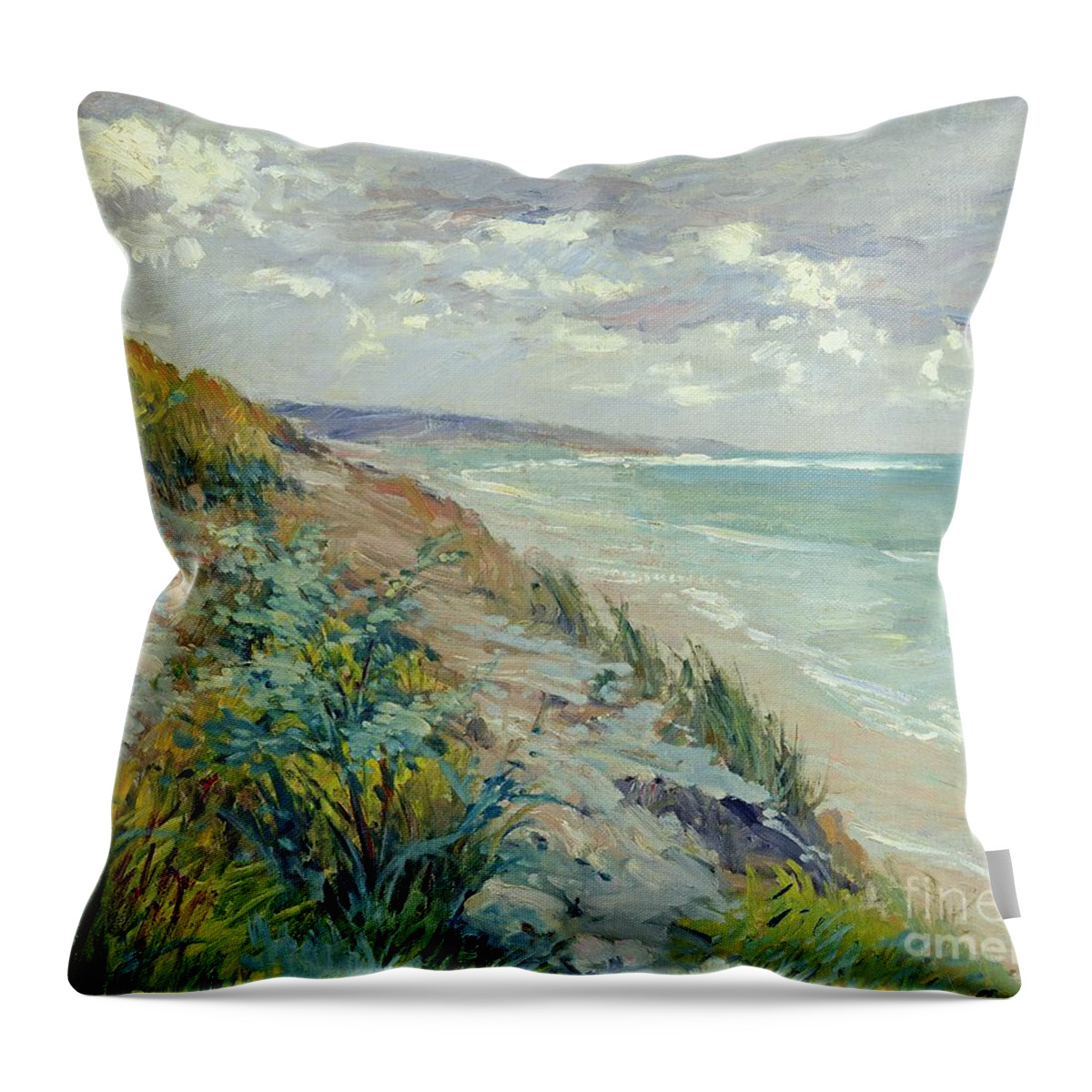 Beach Throw Pillow featuring the painting Cliffs by the sea at Trouville by Gustave Caillebotte