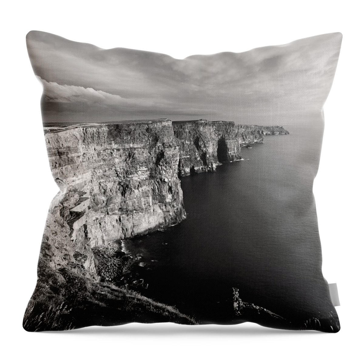 Cliffs Of Moher Throw Pillow featuring the photograph Cliffs of Moher Ireland in Black and White by Pierre Leclerc Photography
