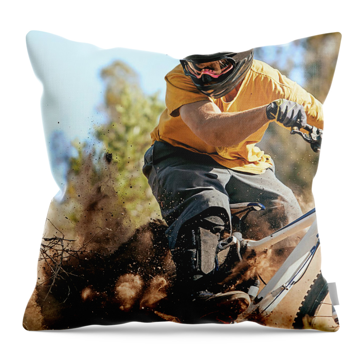 Headwear Throw Pillow featuring the photograph Close Up Of A Mountain Biker Ripping by Daniel Milchev