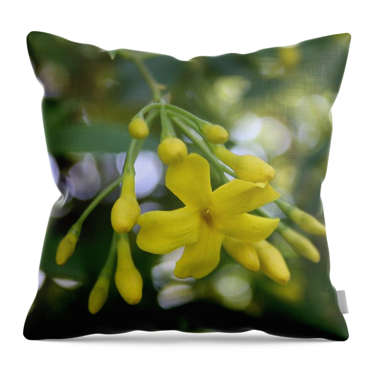 Bud Throw Pillow featuring the painting Close Up Of Carolina Jasmiine. by Taiche Acrylic Art