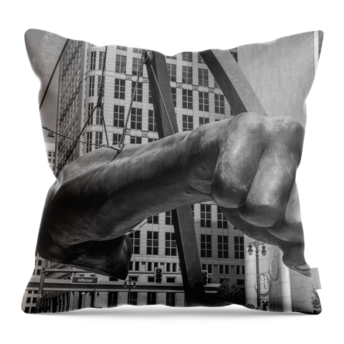 Detroit Throw Pillow featuring the photograph Close Up of Joe Louis Fist Black and White by John McGraw