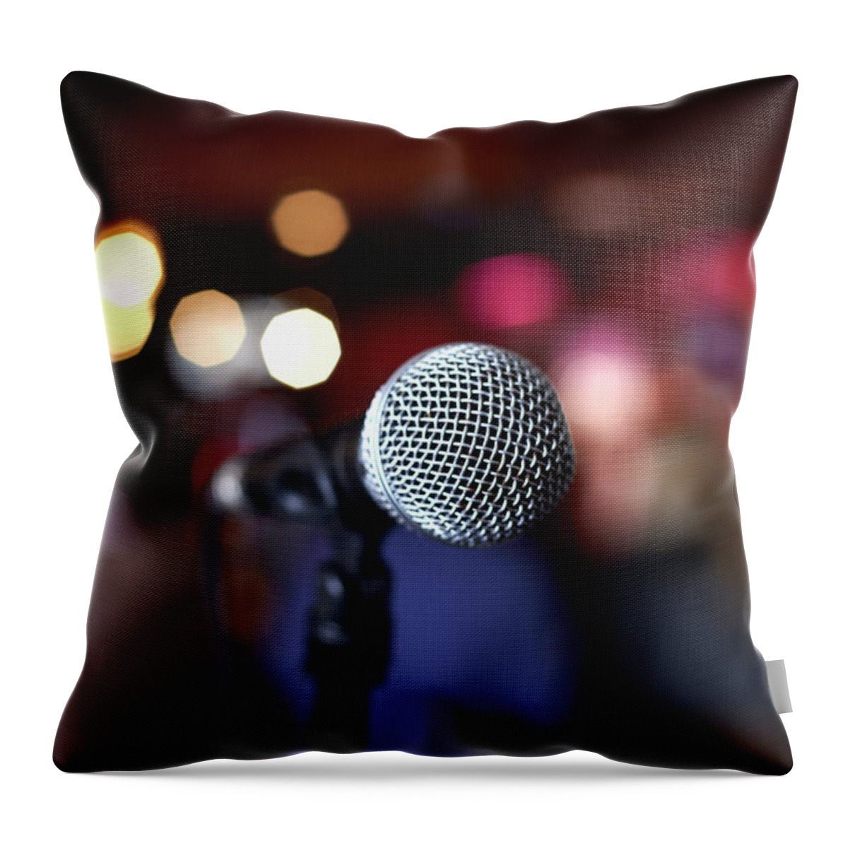 Performance Throw Pillow featuring the photograph Close Up Of Microphone On Stage In by Gary John Norman