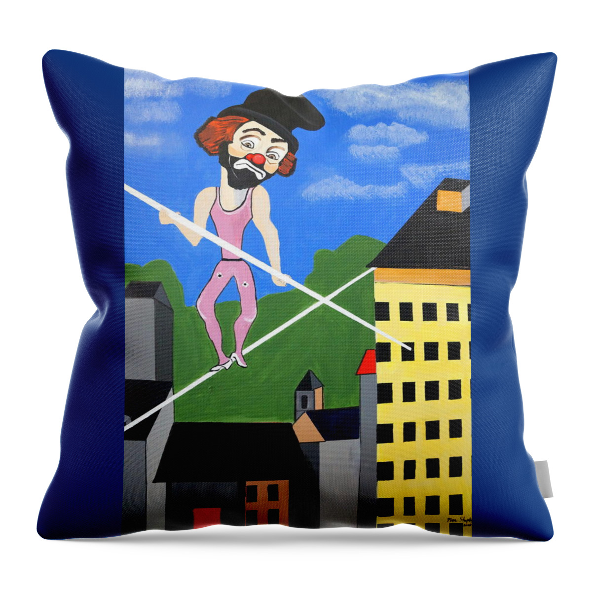 Clown Tight Roping Throw Pillow featuring the painting Clown Tight Roping by Nora Shepley