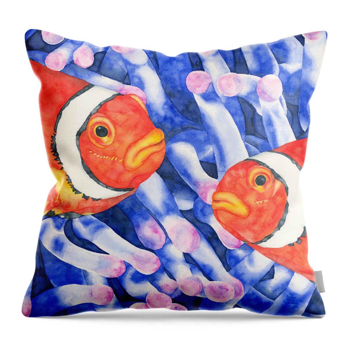 Watercolor Painting Throw Pillow featuring the painting Clownfish Couple by Pauline Walsh Jacobson