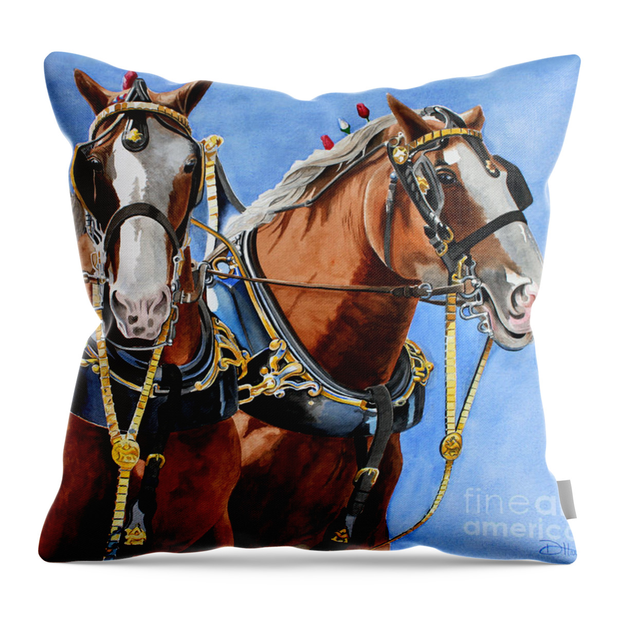 Horses Throw Pillow featuring the painting Clydesdale Duo by Debbie Hart