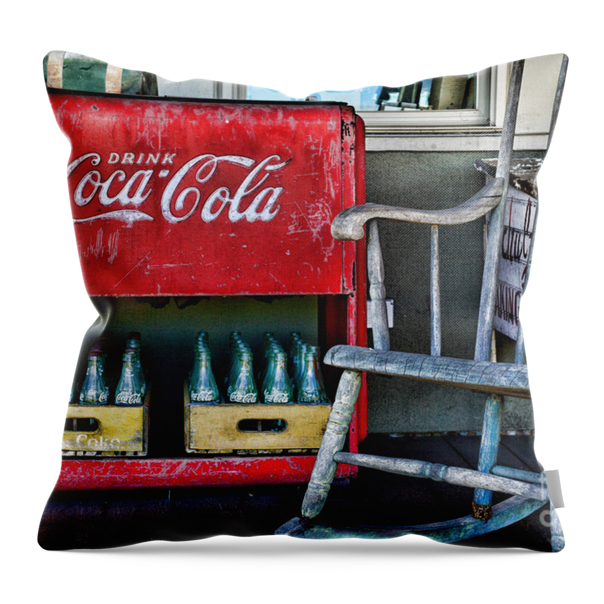 Paul Ward Throw Pillow featuring the photograph Coca Cola Vintage Cooler and Rocking Chair by Paul Ward