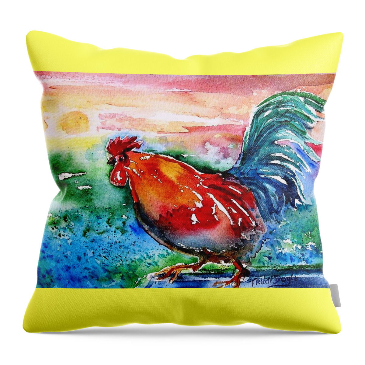 Cockerel Throw Pillow featuring the painting Cock a Doodle Doo by Trudi Doyle