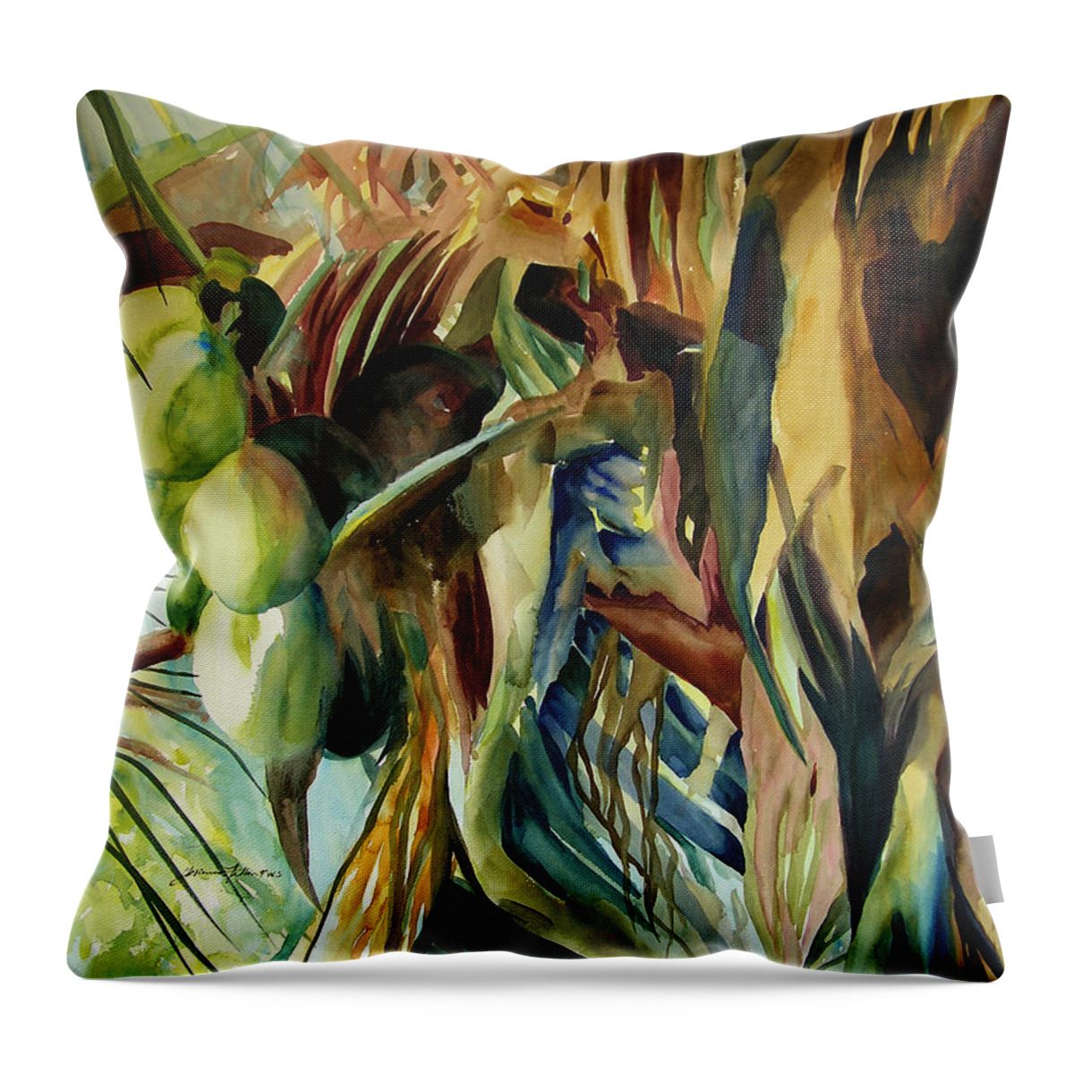 Original Paintings Throw Pillow featuring the painting Coconuts and palm fronds 5-16-11 julianne felton by Julianne Felton