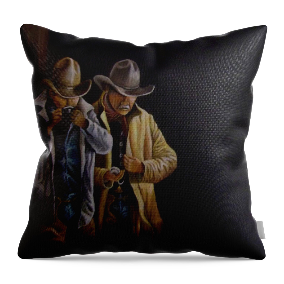 Two Cowboys Taking A Coffee Break During The Early Morning Before They Head Out To The Range. Throw Pillow featuring the painting Coffee Break by Martin Schmidt