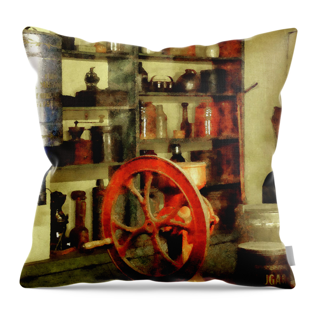 Coffee Grinder Throw Pillow featuring the photograph Coffee Grinder And Canister Of Sugar by Susan Savad