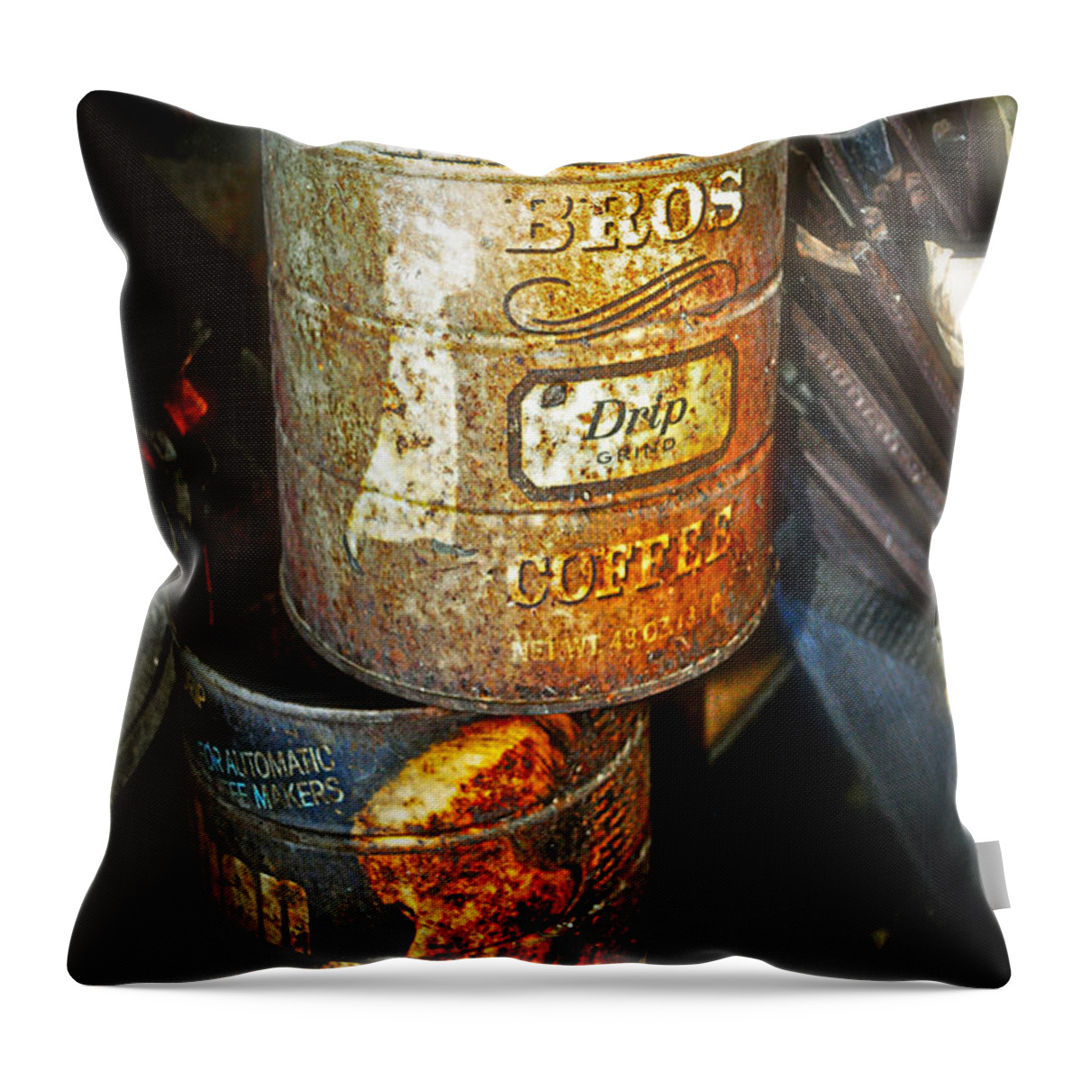 Coffee Nostalgia Old Tin Rust Hills Bros Can Yuban Junk Recycle Trash Caffeine Caffeinated Gwyn Newcombe Throw Pillow featuring the photograph Coffee Nostalgia by Gwyn Newcombe