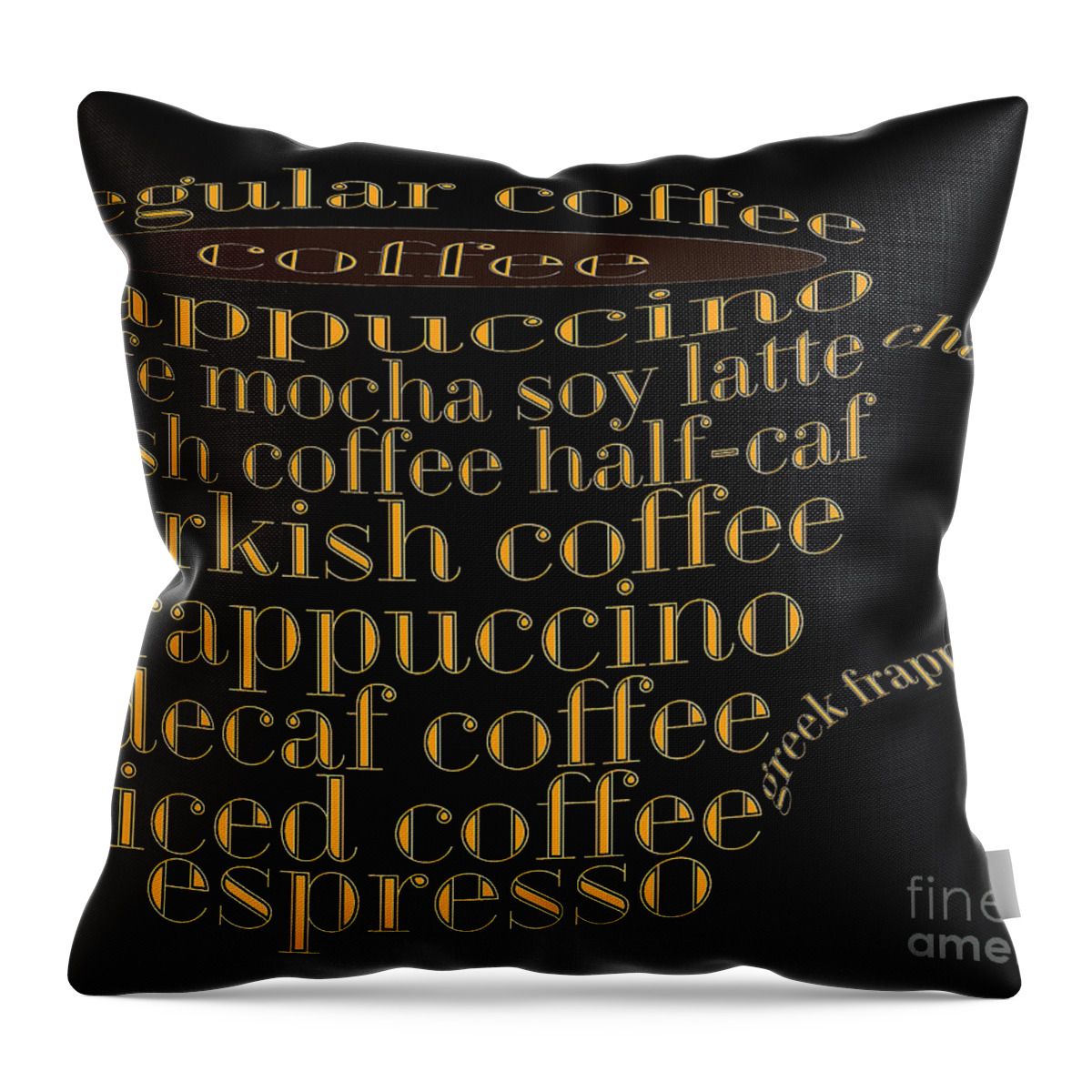 Coffee Throw Pillow featuring the digital art Coffee Shoppe Coffee Names Black 1 Typography by Andee Design