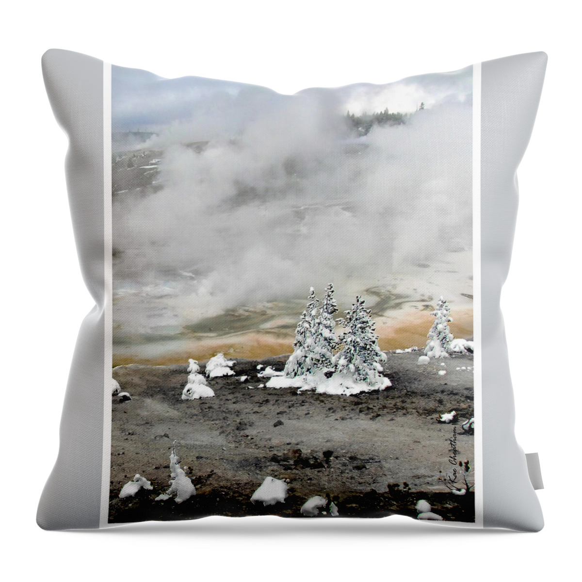 Hoarfrost On Trees Throw Pillow featuring the photograph Norris Geyser Basin Cold and Hot Trees by Kae Cheatham