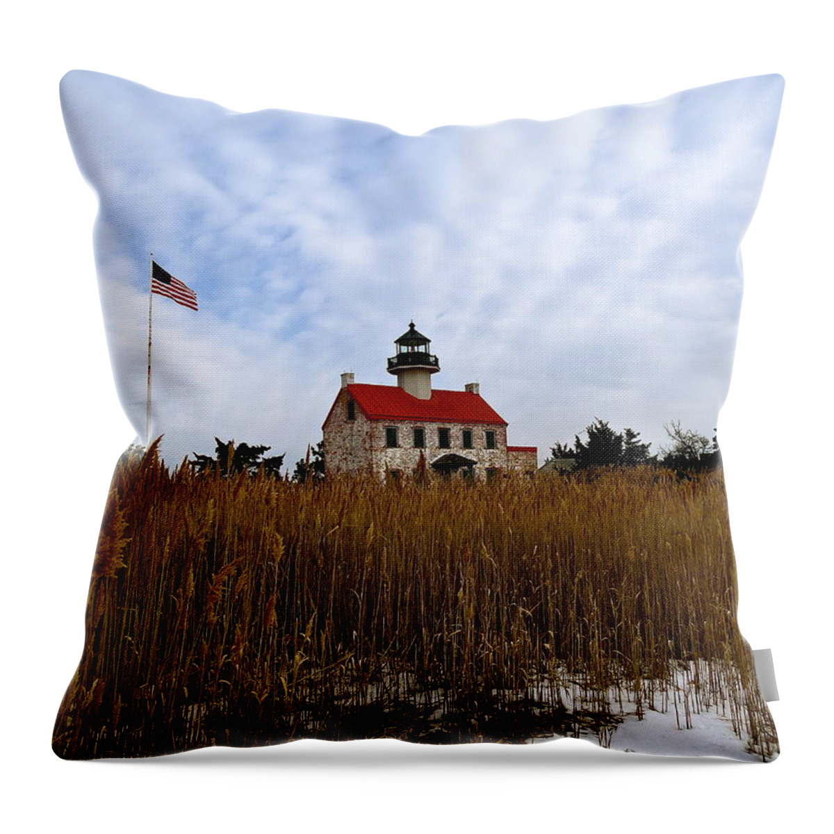 East Point Lighthouse Throw Pillow featuring the photograph Cold Day At East Point by Nancy Patterson