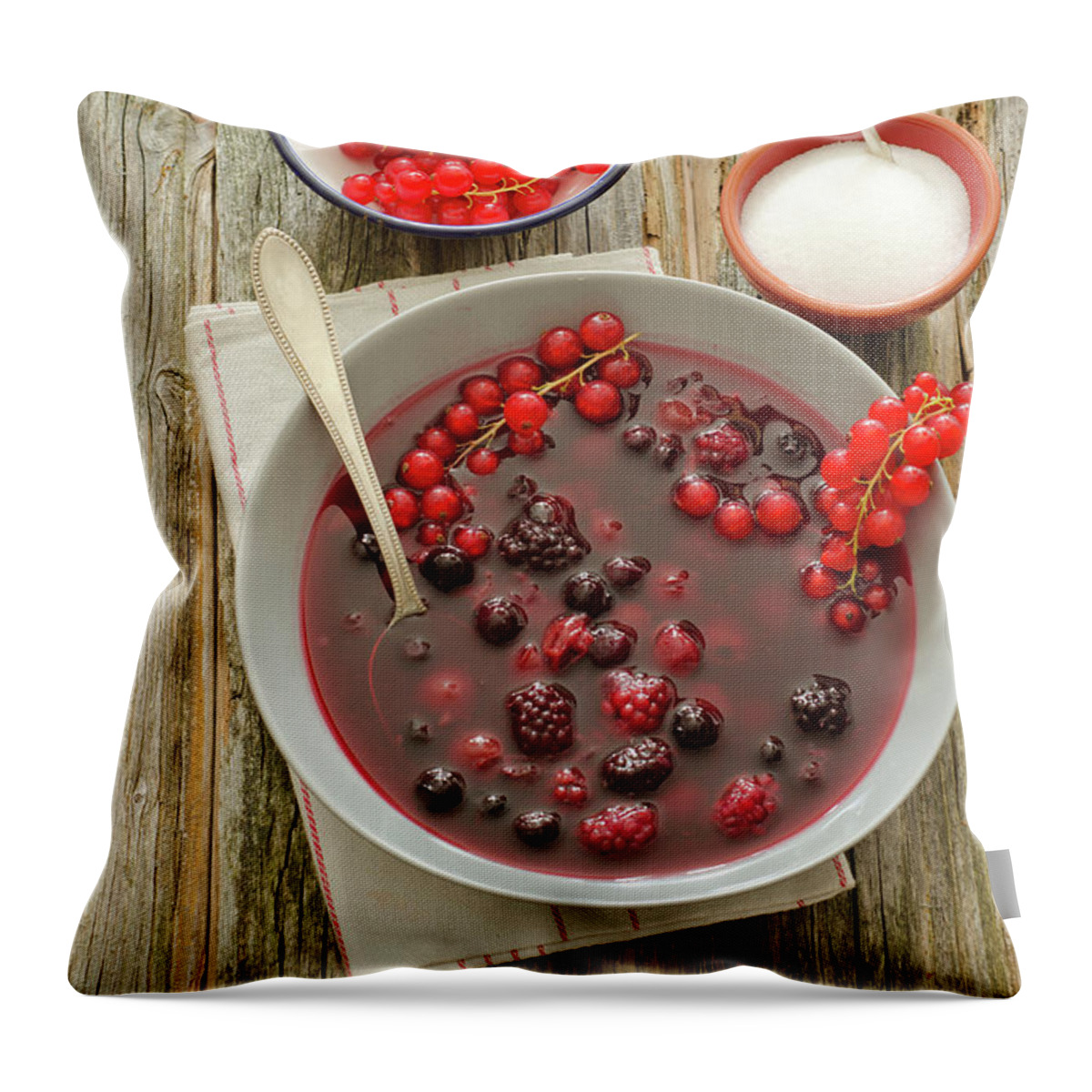 Sugar Throw Pillow featuring the photograph Cold Sweet Soup With Berries On Wooden by Westend61