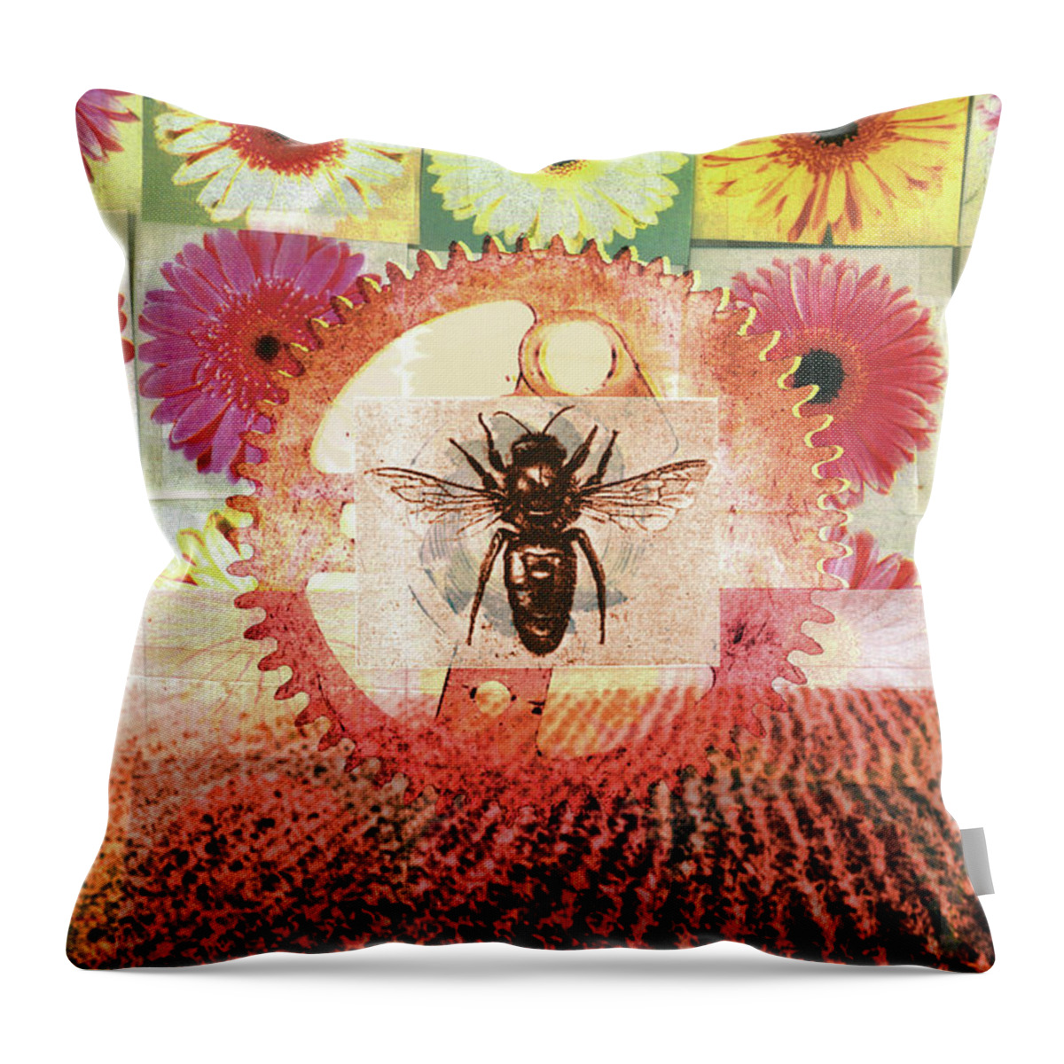 Agriculture Throw Pillow featuring the photograph Collage Of Flowers, Bee, Cog And Field by Ikon Ikon Images