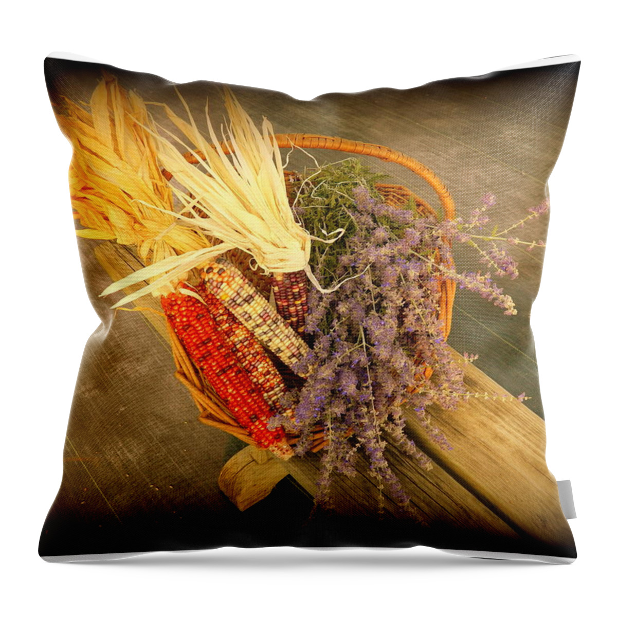 Corn Throw Pillow featuring the photograph The Colors of Autum Colorful Corn and Purple Flowers by Kathy Barney