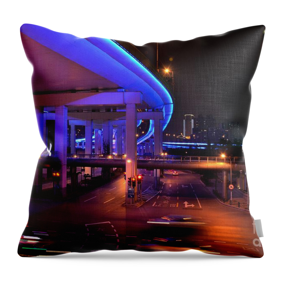 Cars Throw Pillow featuring the photograph Colorful night traffic scene in Shanghai China by Imran Ahmed