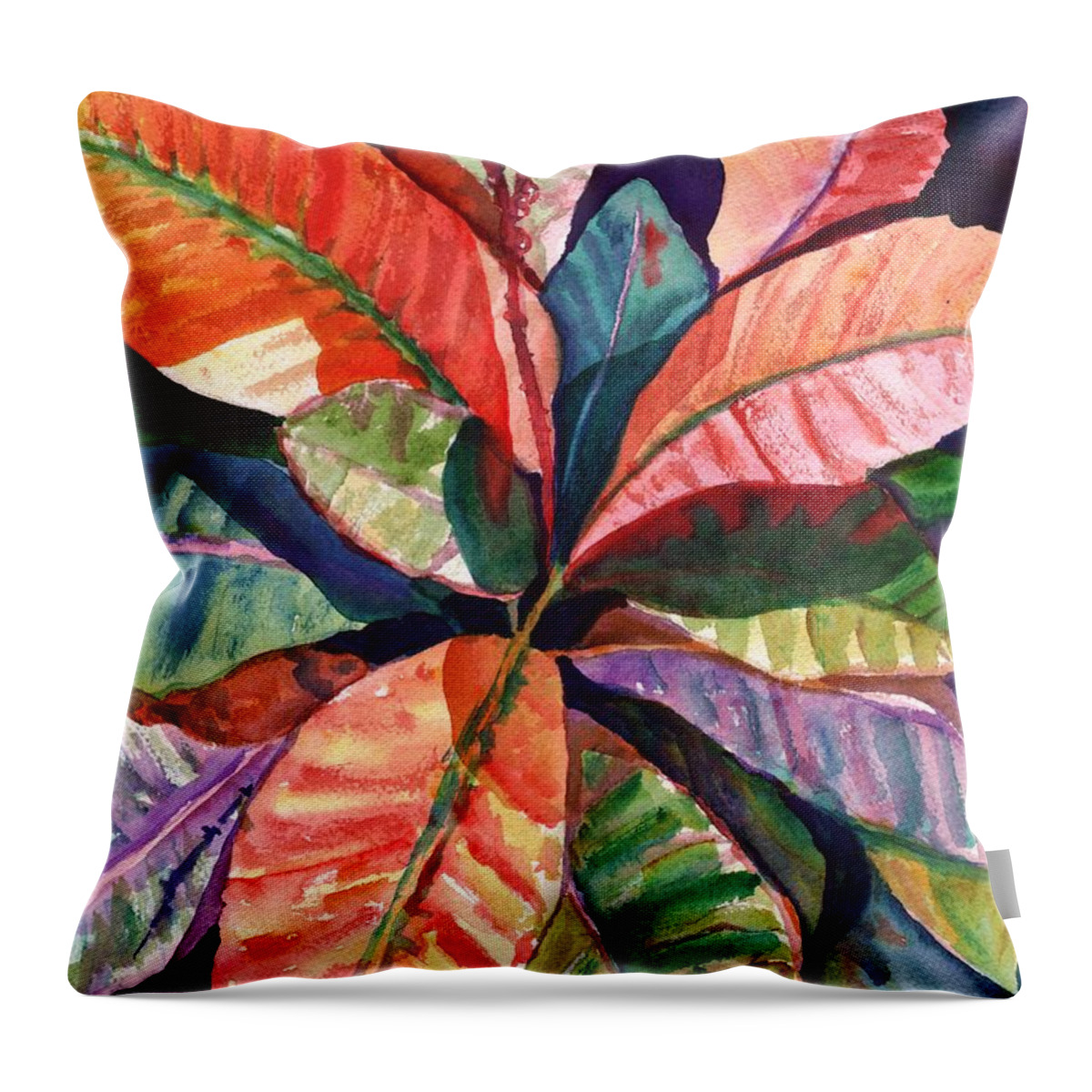 Tropical Leaves Throw Pillow featuring the painting Colorful Tropical Leaves 1 by Marionette Taboniar