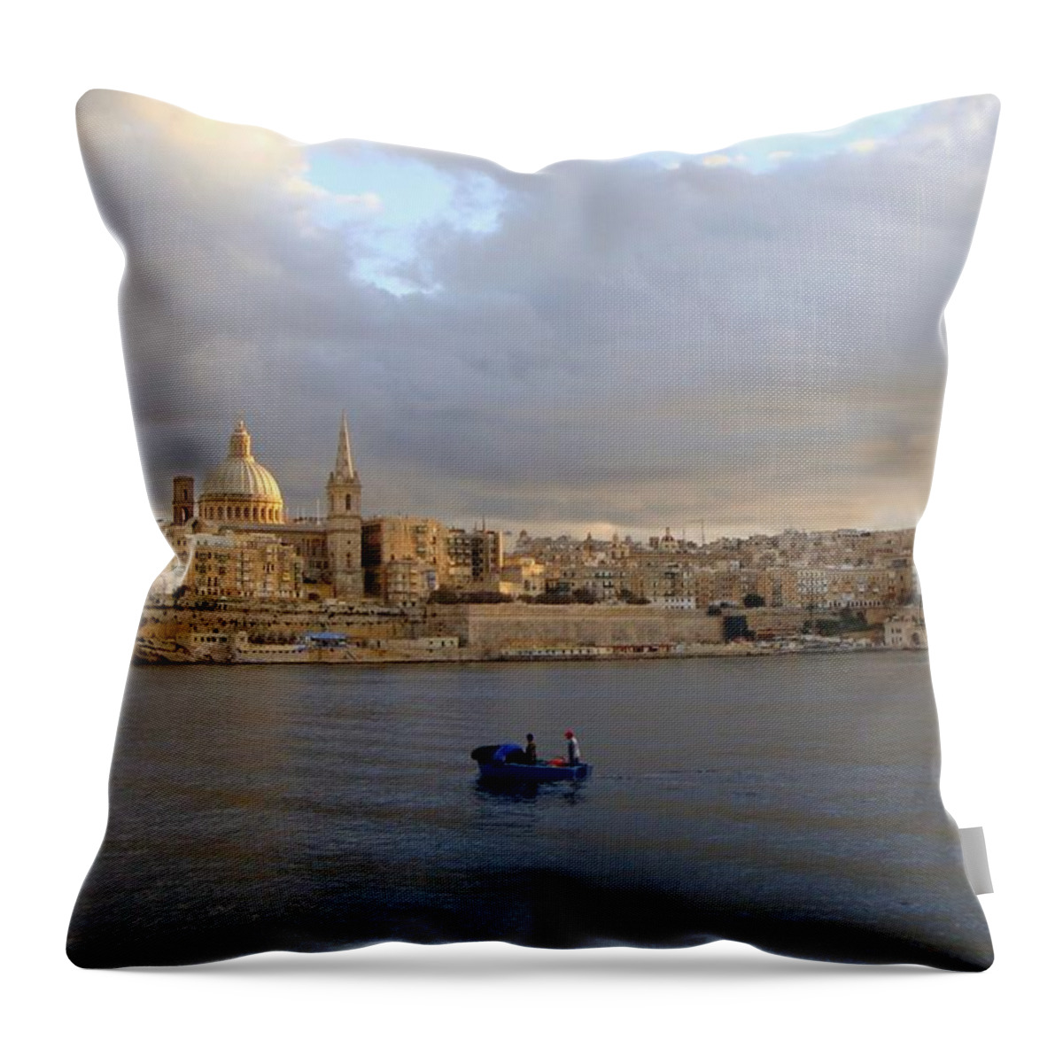 Wooden Throw Pillow featuring the photograph Colorful Wooden Boat in Historic Malta Marsamxett Harbor by Jeff at JSJ Photography