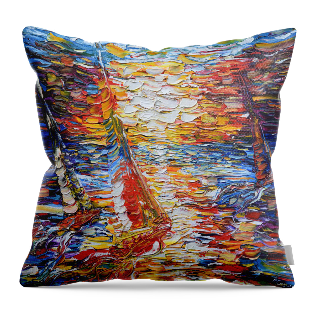 Bright.colourful Throw Pillow featuring the painting Coloured Sails by Pete Caswell