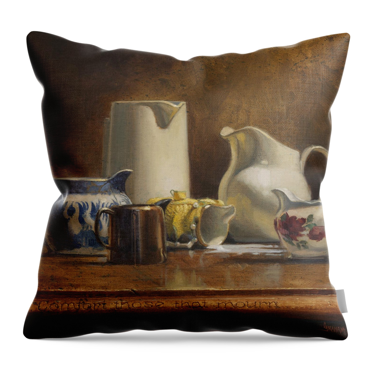 Humorous Throw Pillow featuring the painting Comfort those that Mourn by Graham Braddock