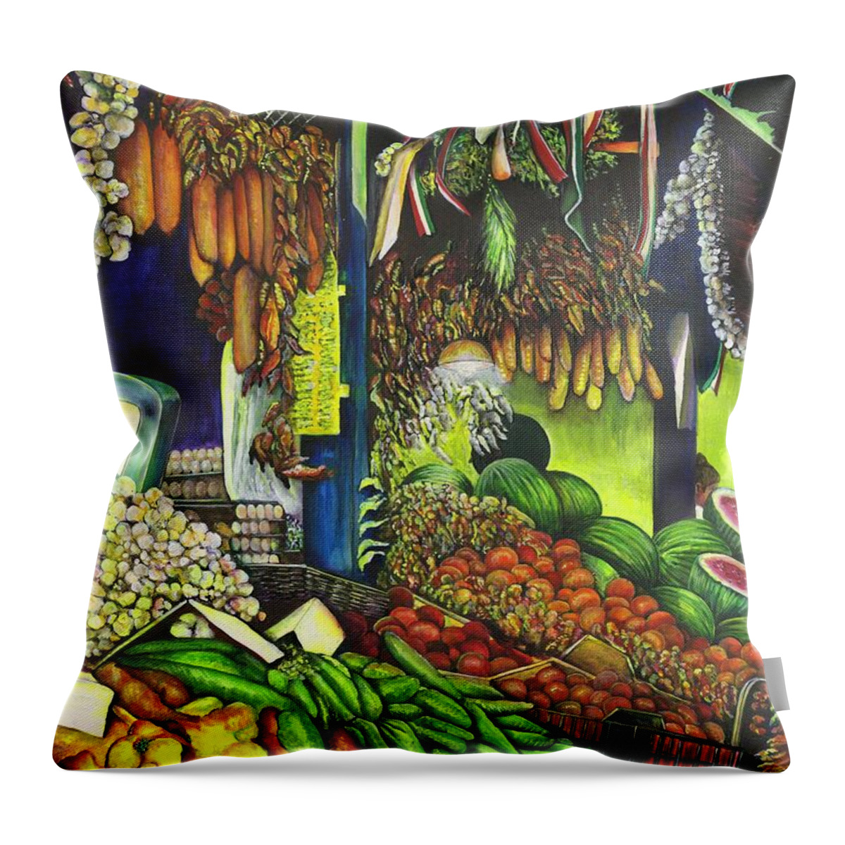 Gaye Elise Beda Throw Pillow featuring the painting Common Threads of Human Interactions Hungary by Gaye Elise Beda