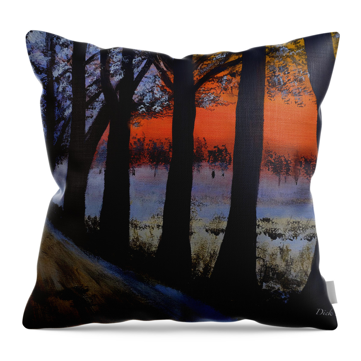 Orange Throw Pillow featuring the painting Conrad Road Sunrise by Dick Bourgault
