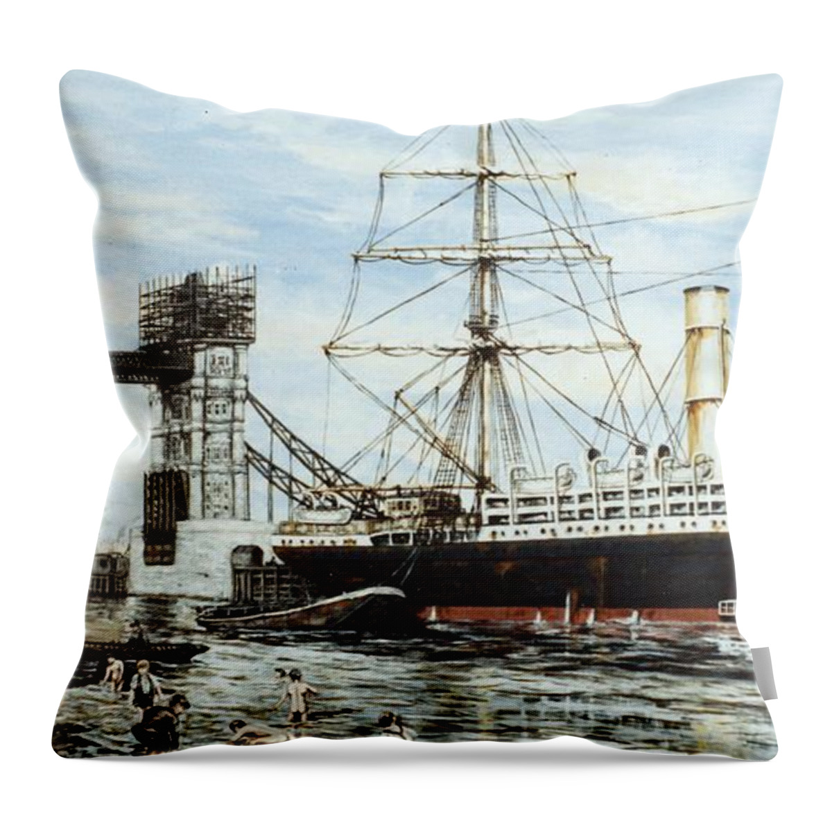 Bridge Throw Pillow featuring the painting Construction of Tower Bridge and the SS Ruahine by Mackenzie Moulton