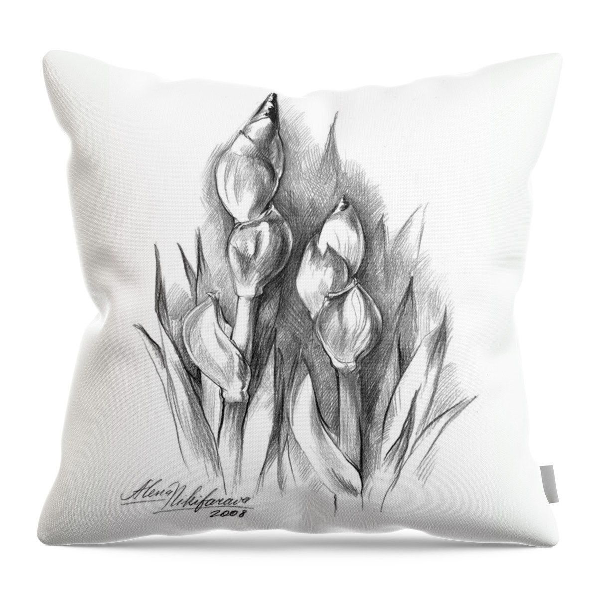 Iris Throw Pillow featuring the drawing Conte Pencil Sketch of Two irises by Alena Nikifarava