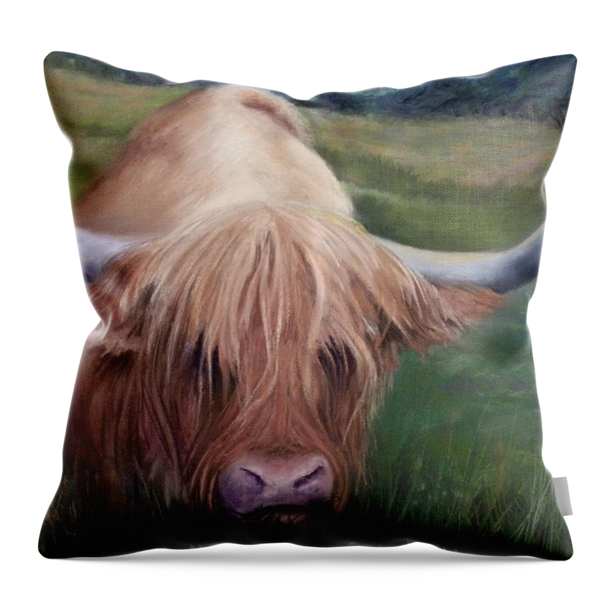 Scotland Scottish Highland Coo Cow Red Hairy Horns Moo Shaggy Meadow Natural Animal Throw Pillow featuring the pastel Coo by Brenda Salamone