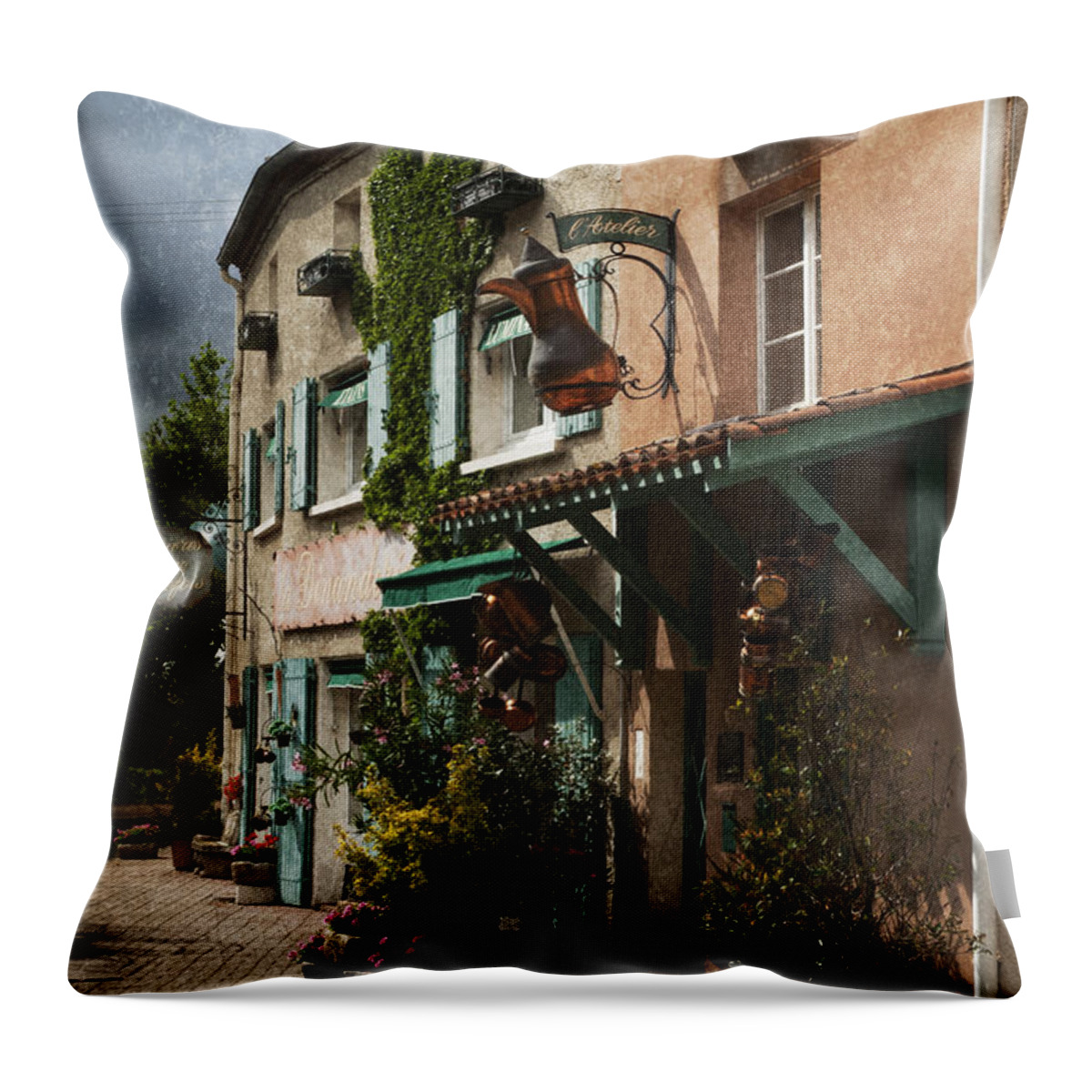 Copper Throw Pillow featuring the photograph Copper Sales Store Durfort France by Greg Kluempers