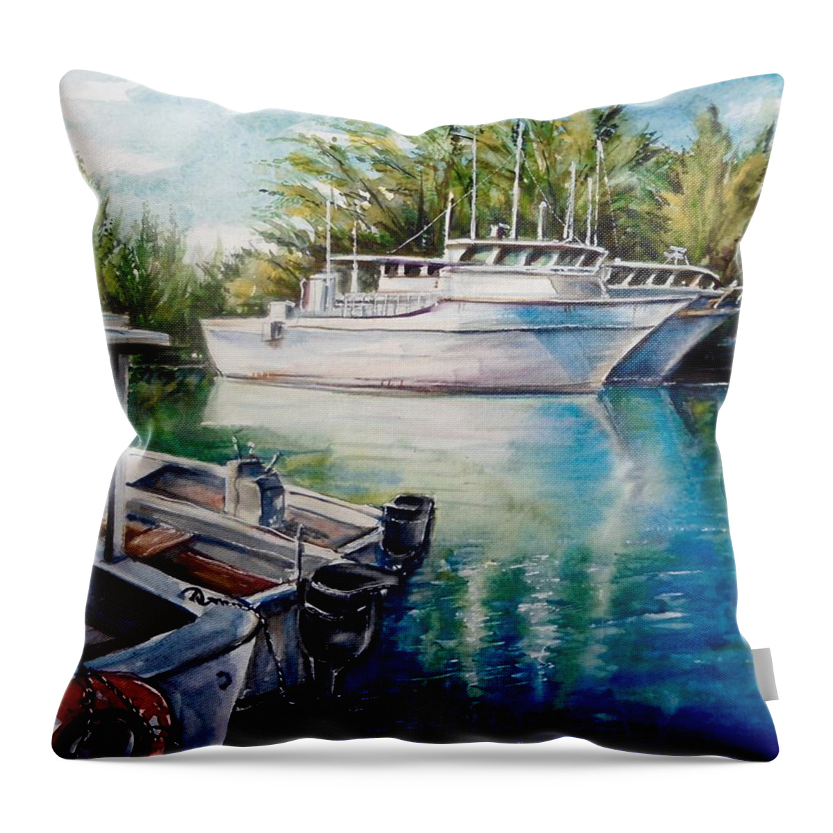 Boats Throw Pillow featuring the painting Coral Harbour 3 by Katerina Kovatcheva