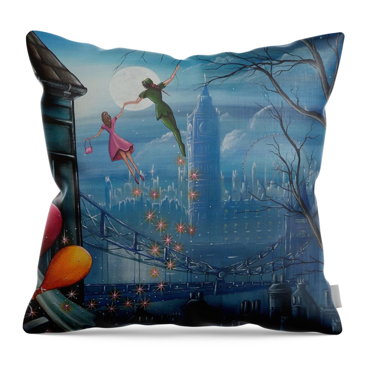 London Throw Pillow featuring the painting Corinna's Birthday Flight by Krystyna Spink