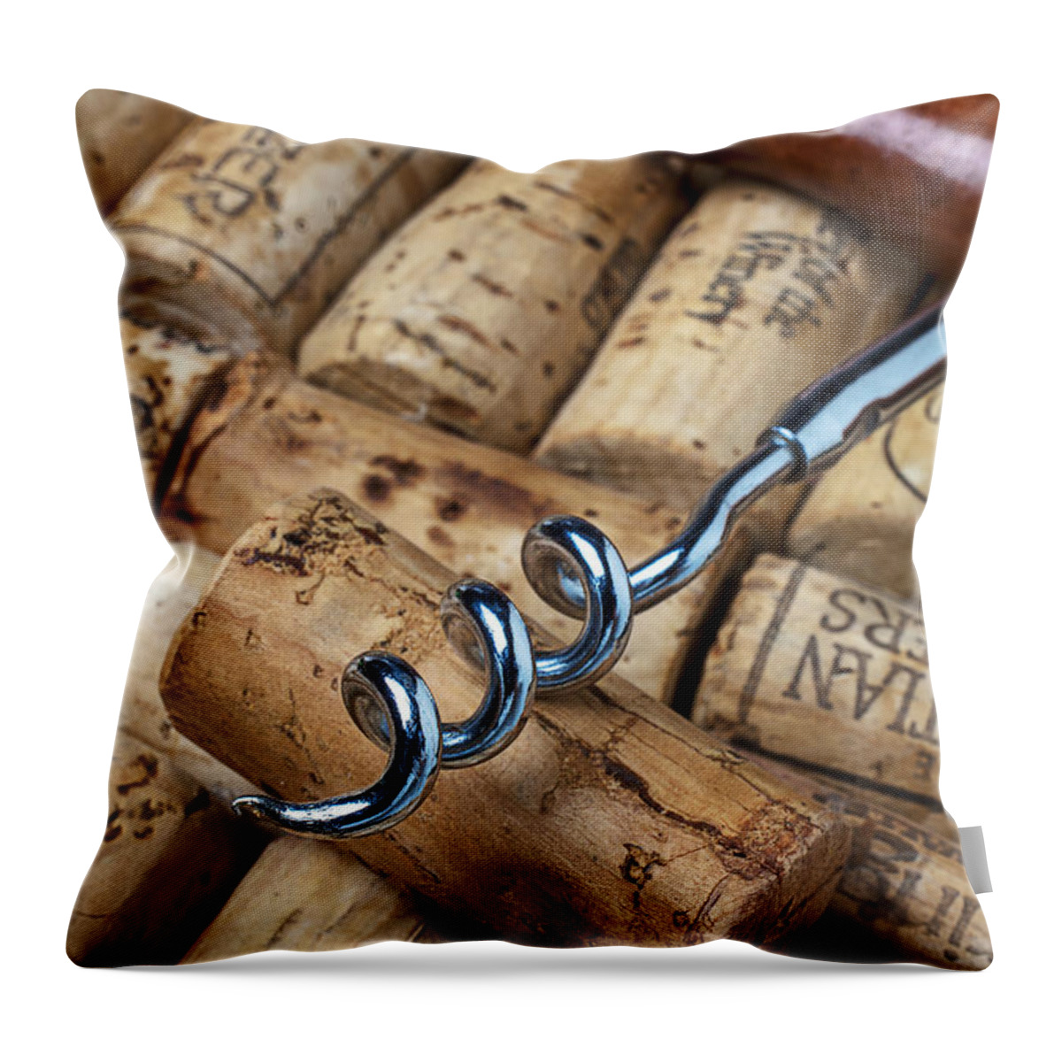 Wine Throw Pillow featuring the photograph Corkscrew on corks by Garry Gay